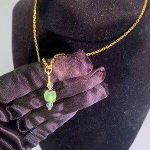 LIME DROP — Handmade Green & Gold Glass Beaded Pendant Necklace with Brass Chain